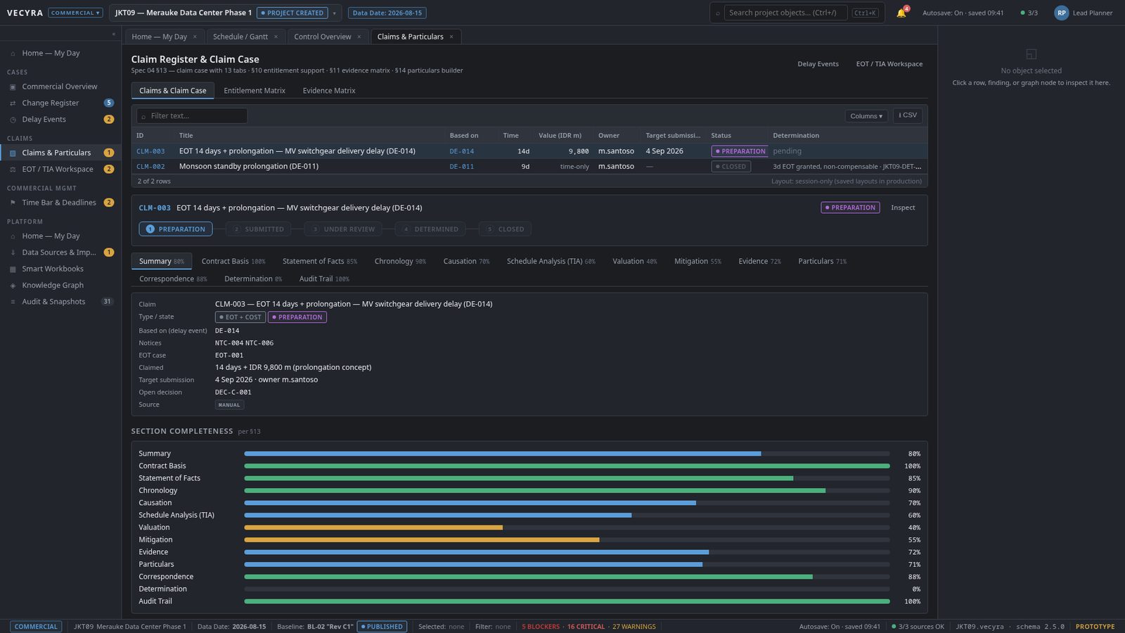 VECYRA Commercial: claim register and claim case on a sample project