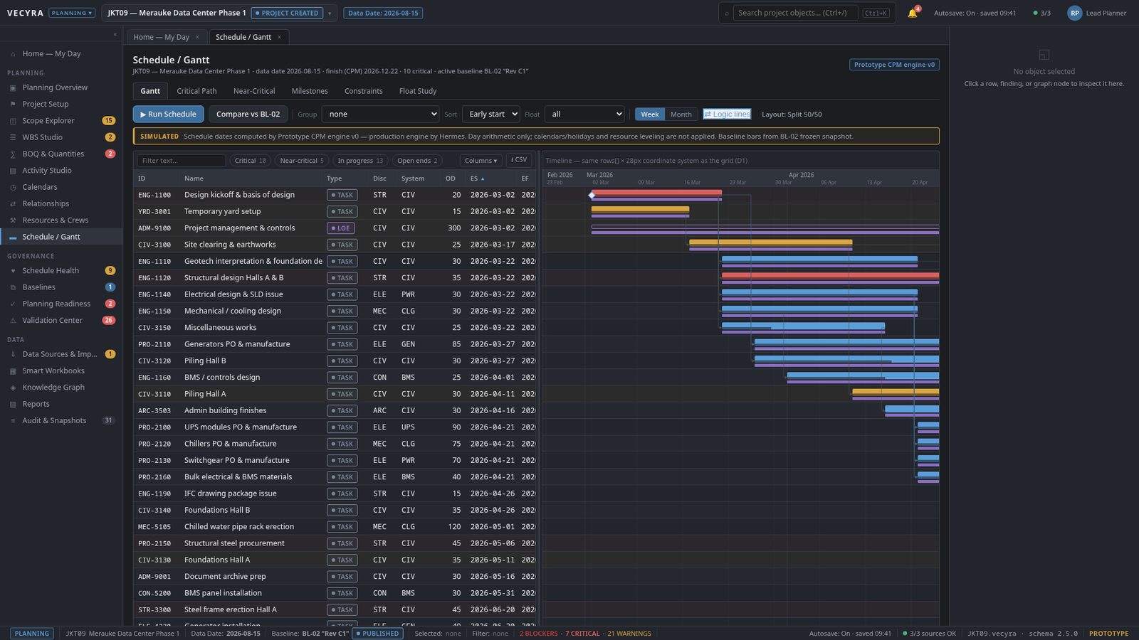 VECYRA Planning: Gantt and activity grid with critical path on a sample project