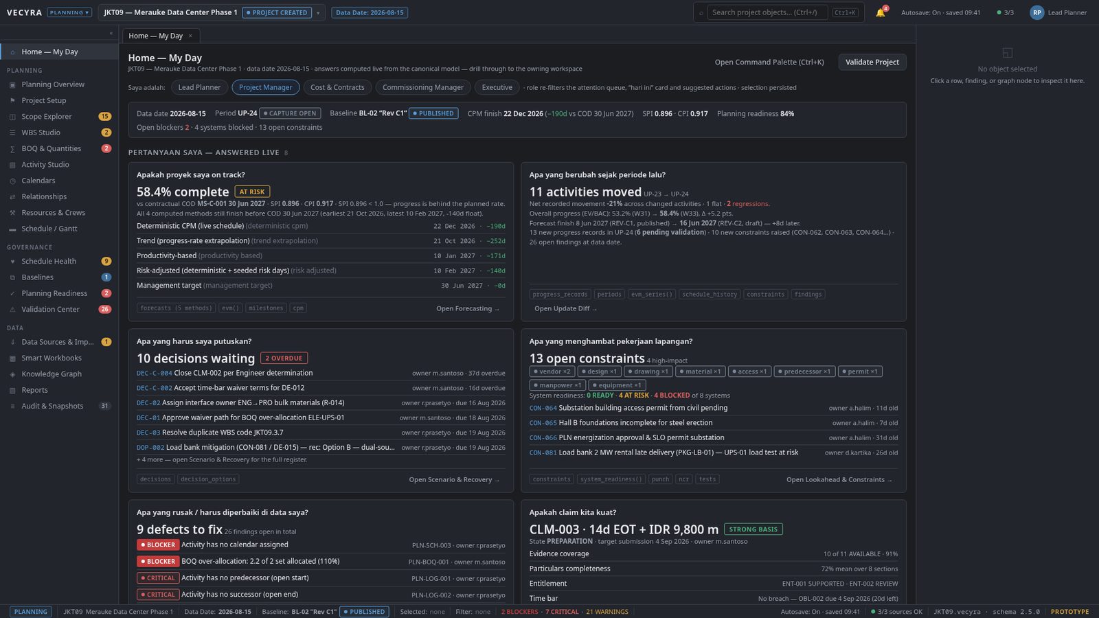 VECYRA Home workspace on a sample project: progress, decisions, and exceptions